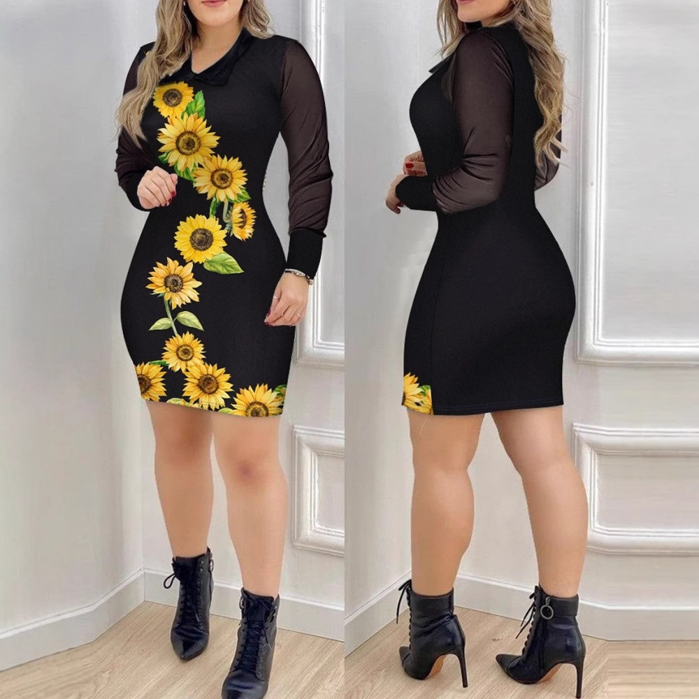 Womens Mesh Long-Sleeve V-Neck Slim-Fit Printed Dress