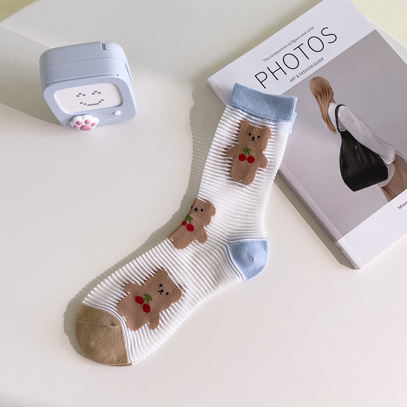 Cartoon Animal Sweet Cute Mid-calf Length Socks Summer Crystal Glass Silk