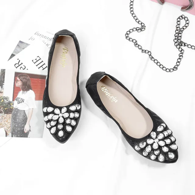Soft Bottom Pointed Toe Flat Bottom Rhinestone Pumps Women Black - Shop at LoveMi