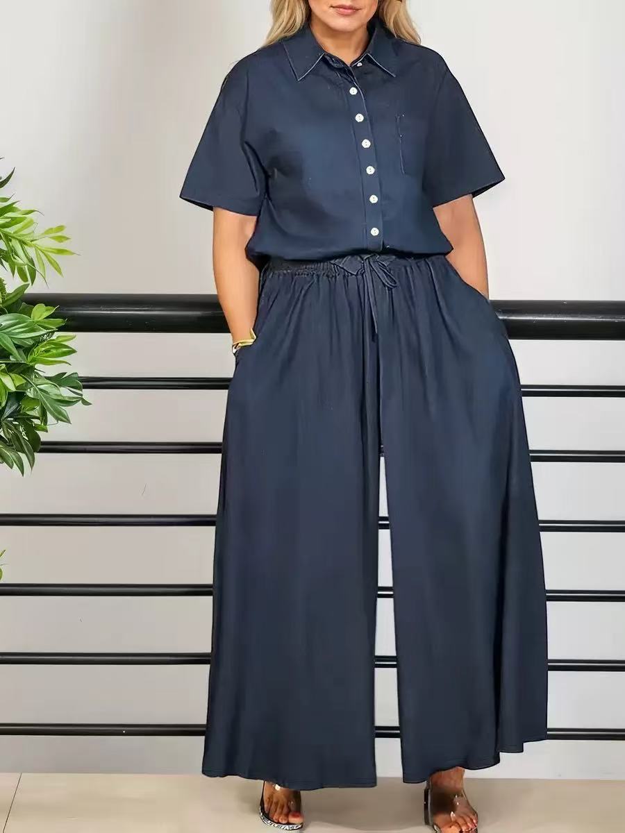 Womens Fashionable Loose Casual Solid-Color Two-Piece Set Short-Sleeve Top And Wide-Leg Long Pants 6