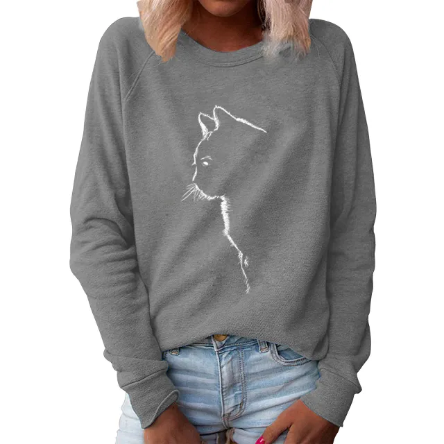 Cat Creative Printing Round Neck Long Sleeve Sweater For Women Gray - Shop at LoveMi