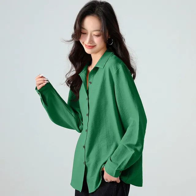 Texture Loose Long Sleeve Lazy Sense All matching Shirt Green - Shop at LoveMi