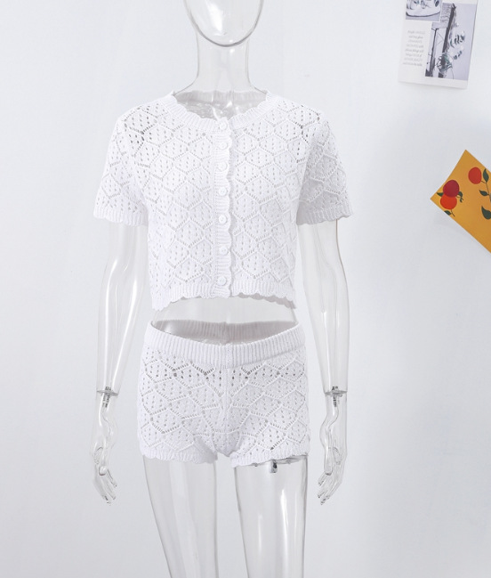 Spring And Summer New Comfort Casual Hollow out Cropped Knitted Shorts Suit White - Shop at LoveMi