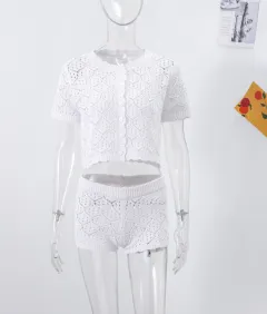 Spring And Summer New Comfort Casual Hollow-out Cropped Knitted Shorts Suit - White - View 1