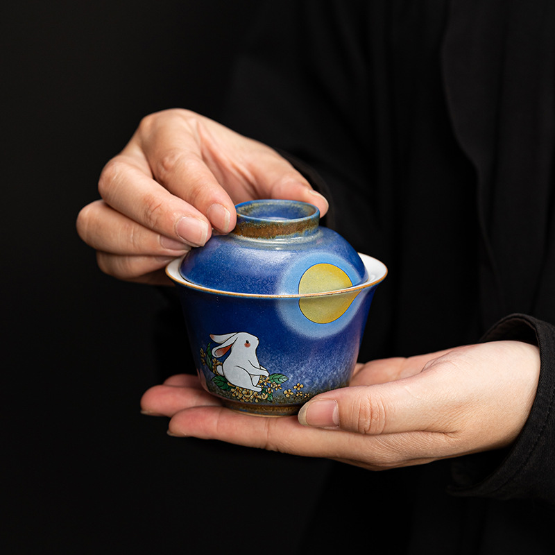 Stone Blue Jade Hare Tureen Handmade Coarse Pottery Tea Ware