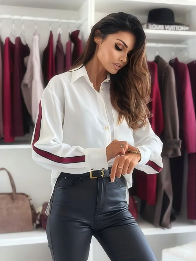 Lapel Long Sleeve Side Striped Shirt For Women Red - Shop at LoveMi