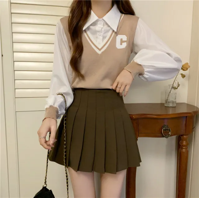 College Style Vest Autumn Outer Wear Knitted Sweater For Women Khaki - Shop at LoveMi