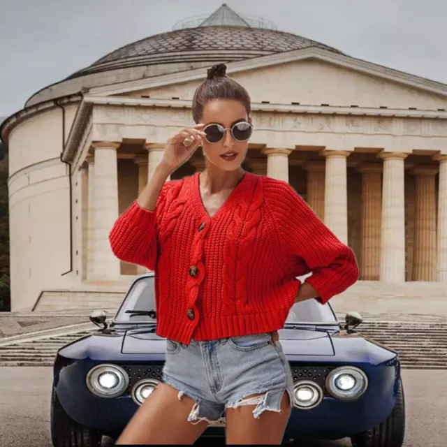 Autumn And Winter Button Solid Color Sweaters Short Loose Red - Shop at LoveMi