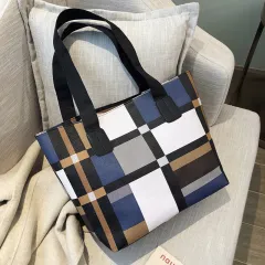 PU Shoulder Fashion Plaid Large Capacity Shopping Bag - Blue - View 1