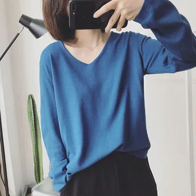 V neck Pullover Long Sleeve Sweater Blue - Shop at LoveMi