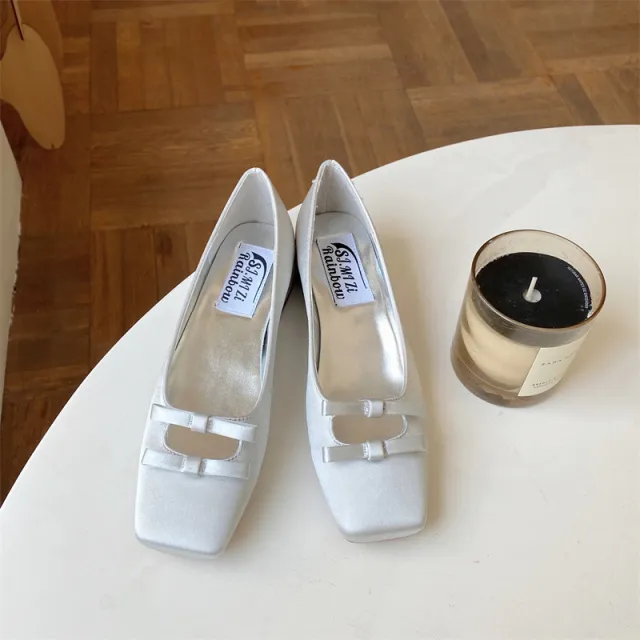 Fashion Shoes Square Head Candy Color Mary Jane Bow Low cut Chunky Heel Gray - Shop at LoveMi