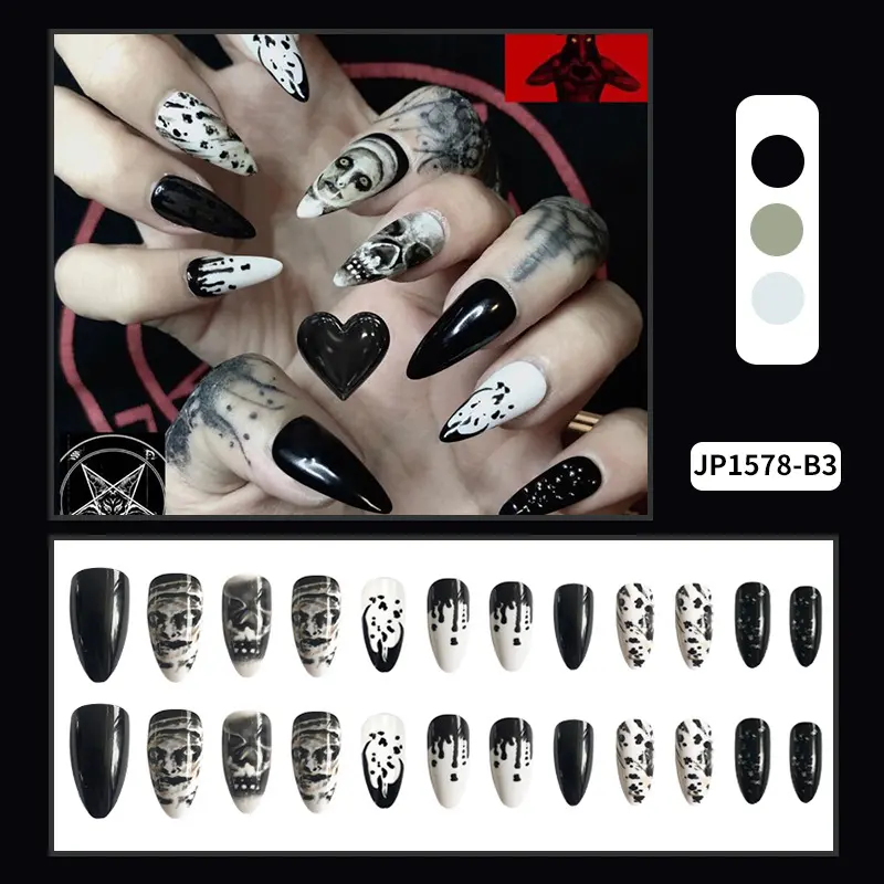 Long Almond Water Drop Fake Nail Patch Halloween Skull