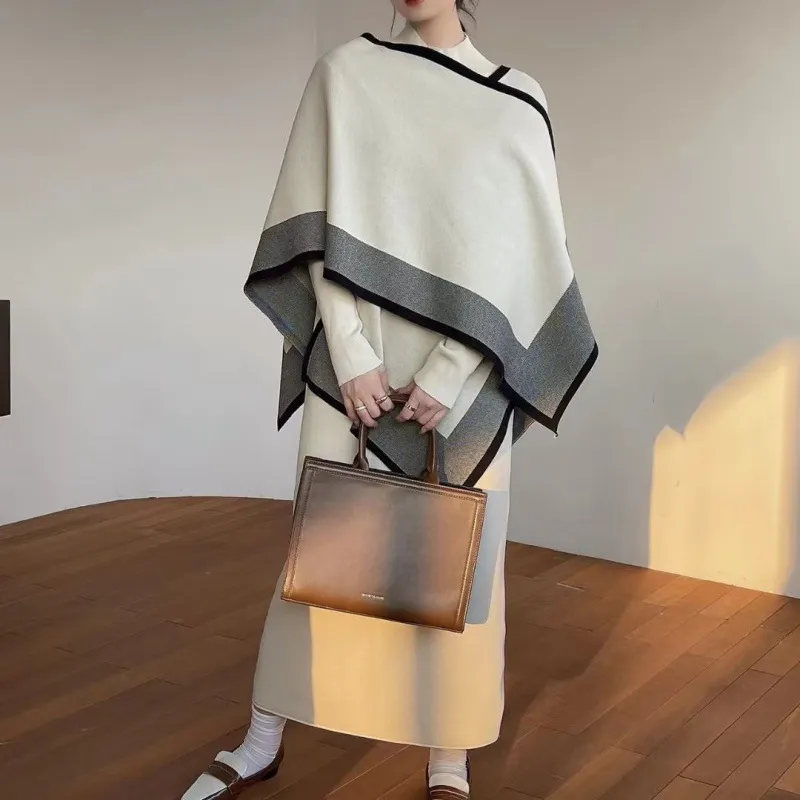 Cape Loose Multicolor Fashionable Knitted Dress - Apricot
