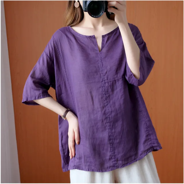 Women's V neck Thin Shirt Artistic Retro Top Purple - Shop at LoveMi