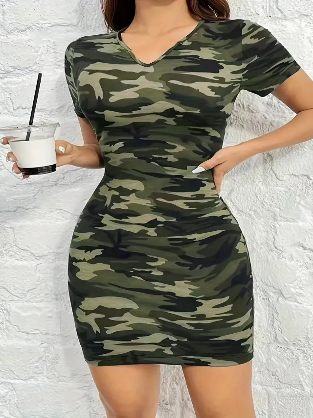 Fashionable Casual Camouflage Short sleeve V neck Slim fit Dress Green - Shop at LoveMi