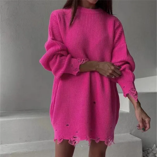 Solid Color Round Neck Long Sleeve Burrs Loose Knitted Pullover Rose Red - Shop at LoveMi