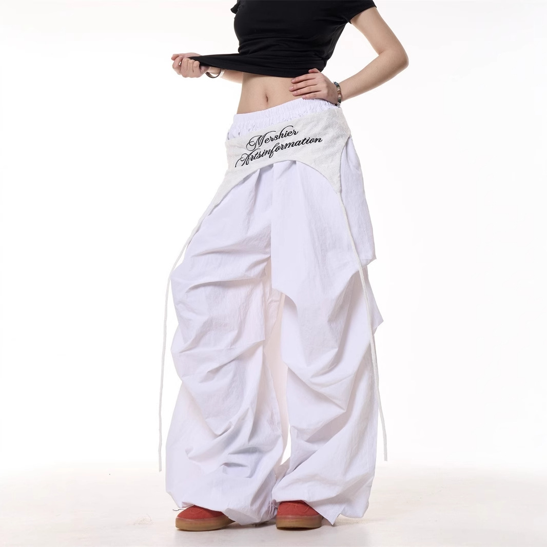 Womens Relaxed Casual American-style Layered Design Cargo Pants With Tie Details