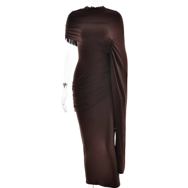 Round Neck Wrap Shoulder Solid Color Spliced Ribbon Dress Brown - Shop at LoveMi