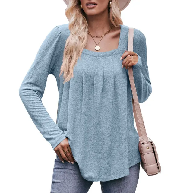 Casual Puff Sleeve Square Collar Pleated Long Sleeve Light Blue - Shop at LoveMi