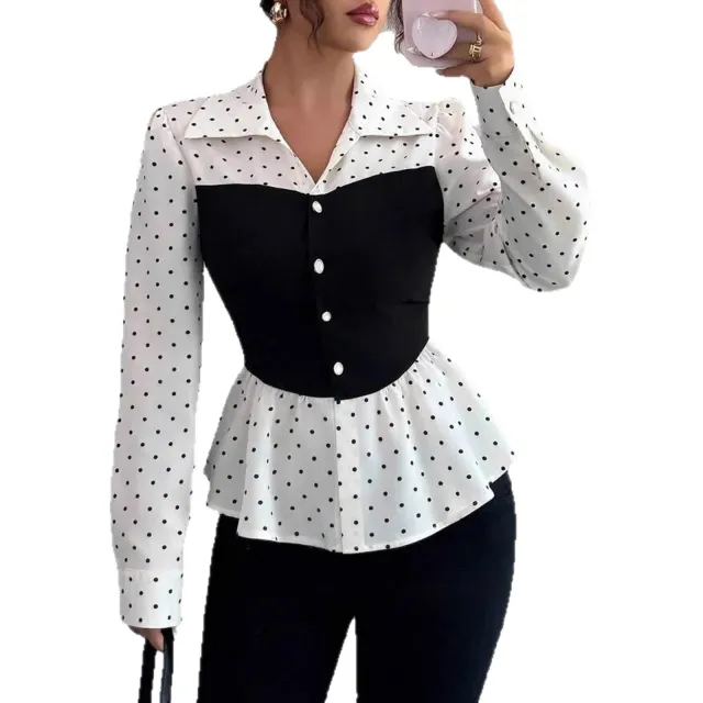 Women's Fashion Polka Dot Fake Two piece Long Sleeve Shirt White - Shop at LoveMi