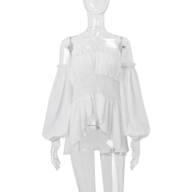 Off shoulder Pleated Ruffled Slim Fit Lantern Long Sleeve Halter Top Women White - Shop at LoveMi