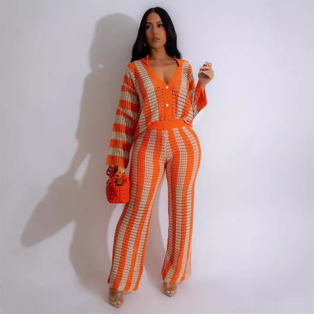 Knitted Sweater Fashion Sexy Cutout Wide Leg Knitted Two piece Sweater Orange - Shop at LoveMi