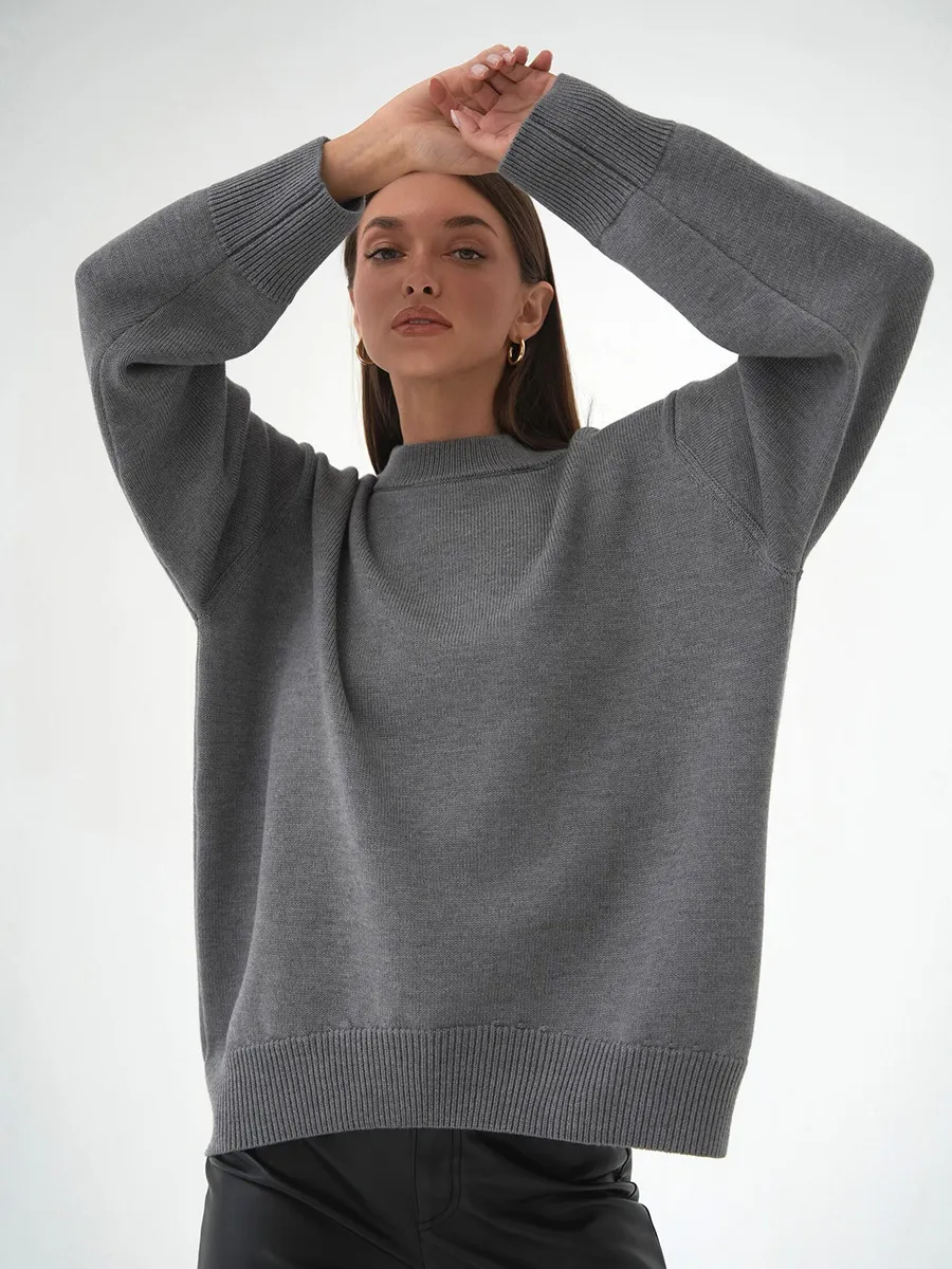 Temperament Commute Versatile Casual Round Neck Knitted Sweater - Gray