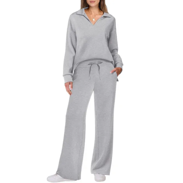 Women's Tracksuit Sports Suit V neck Long sleeved Pullover Top And Drawstring Straight leg Trousers Casual Solid Trousers Set Gray - Shop at LoveMi