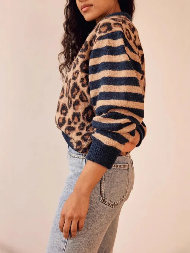 Round Neck Vintage Leopard Print Bristle Contrast Color Sweater Cardigan Blue - Shop at LoveMi