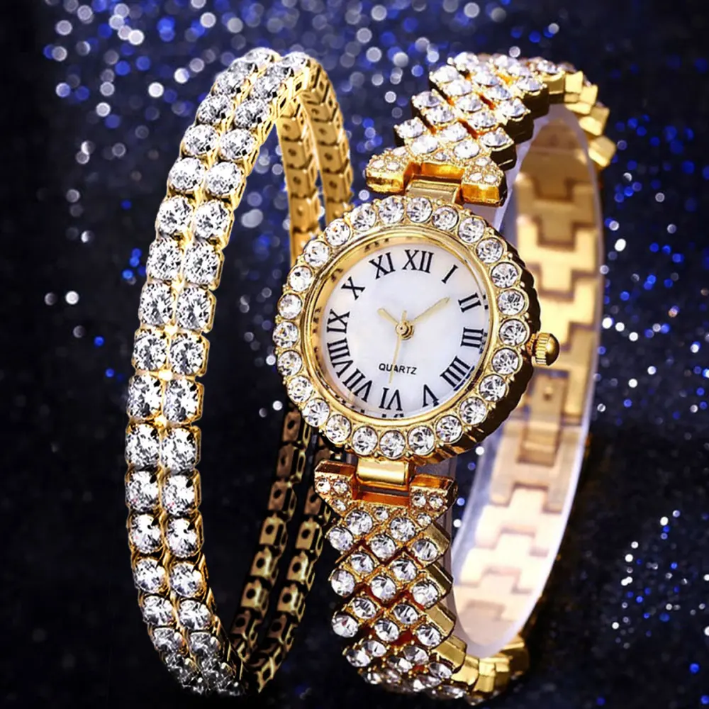 Fashion Luxury Diamond Quartz Watch Double-layer Bracelet 2PCs