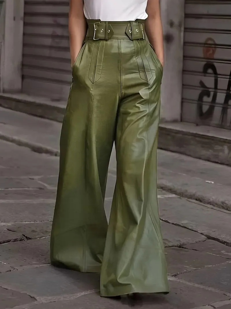 Fashion Leather High Waist Pocket Casual Trousers - Army Green