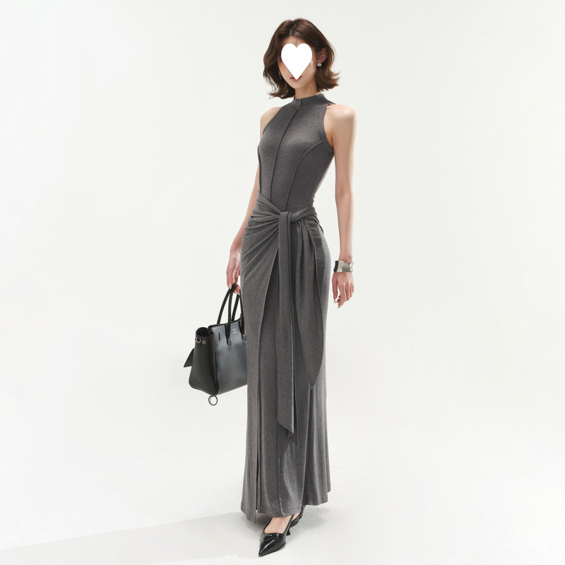 High Grade Gray Vest Dress Slim Fit Fake Two-piece Sheath Hot Girl Dress