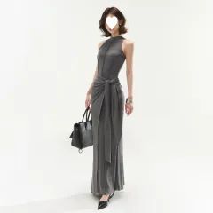 High Grade Grey Vest Dress Slim Fit Fake Two-piece Sheath Dress - Dark Grey - View 1