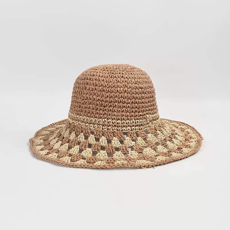 Handmade Crochet Rainbow-Color Block Wide-Brim Sun Hat