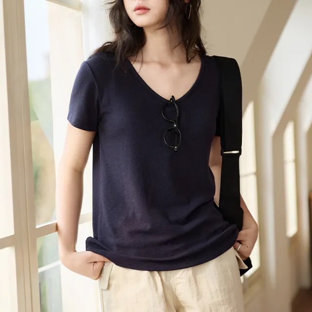 New Spring And Summer Tencel Bottoming Shirt Women Lyocell Goose Egg Collar Linen T shirt Skin friendly Figure Flattering Short Sleeve Top Dark Blue - Shop at LoveMi