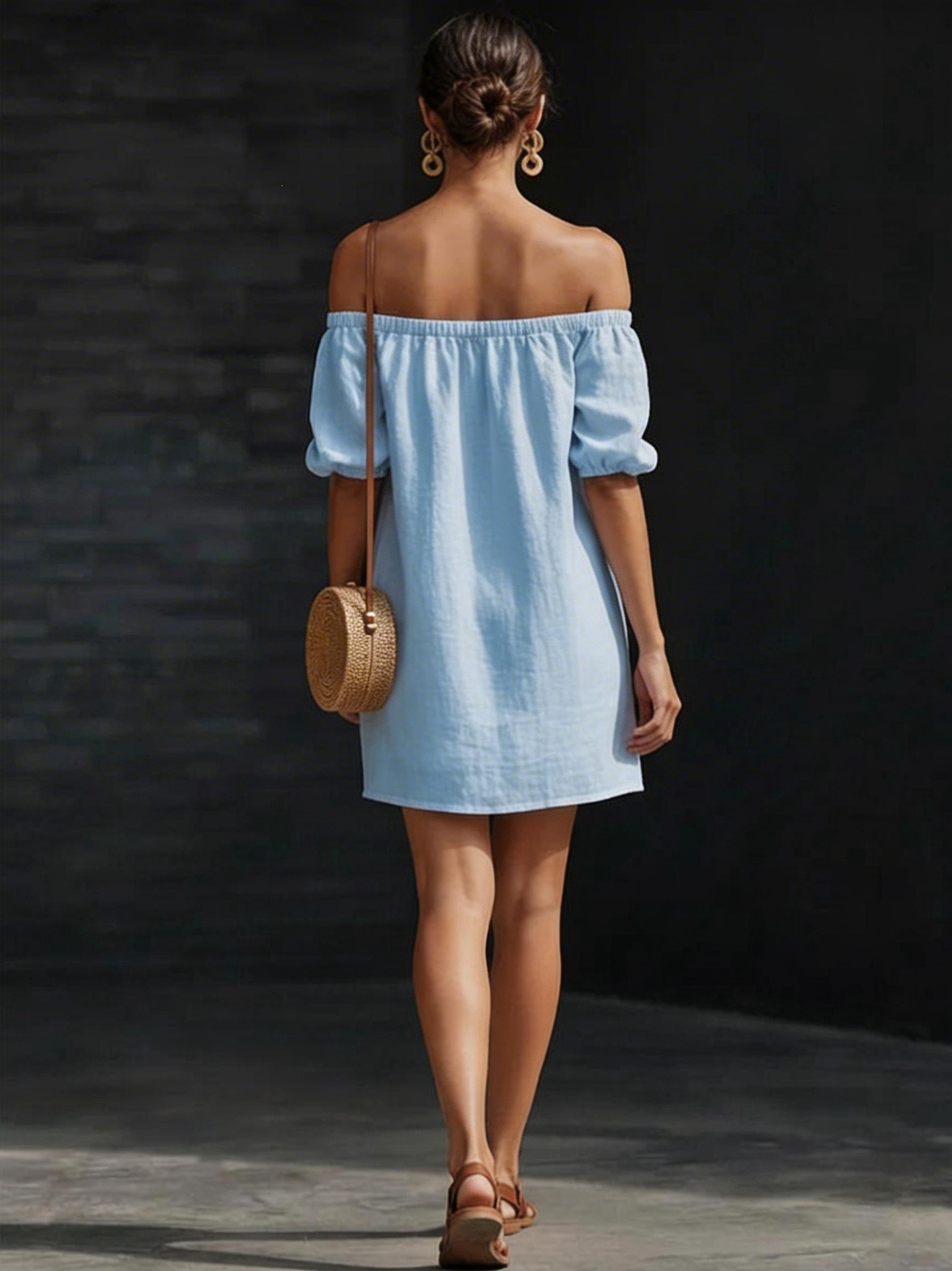 Women's cotton-linen mini dress color options: black, blue, pink, yellow