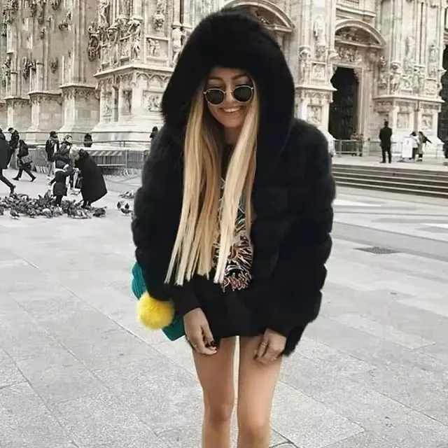 Women's Minimalist Hooded Patchwork Fur Grass Jacket Black - Shop at LoveMi