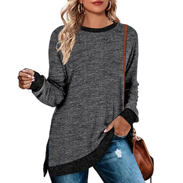 Long Sleeve Round Neck Multicolor Split Top Loose Leisure Pullover T shirt Dark Gray - Shop at LoveMi