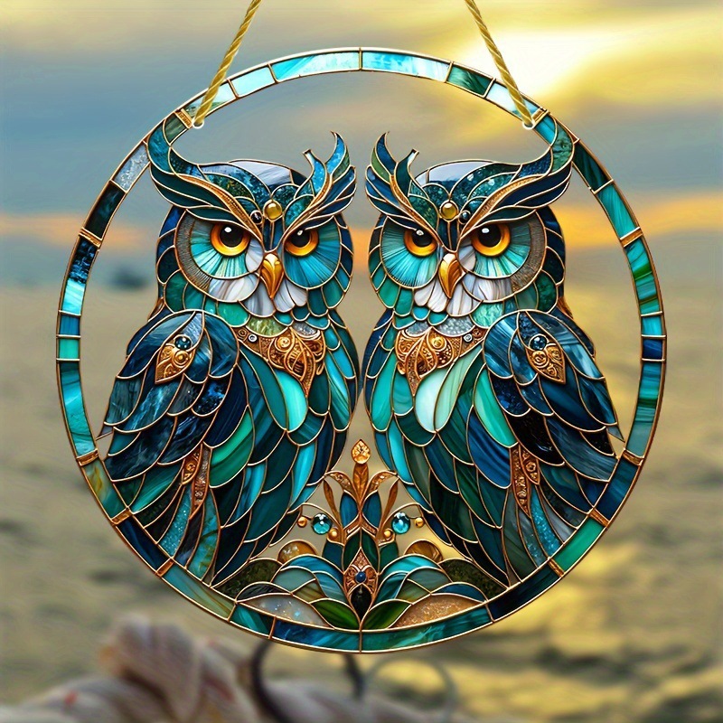 Title 6, Green Owl Tracery Sun Catcher Acrylic Flat Disc...