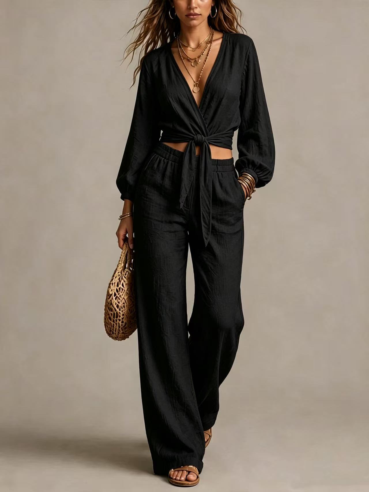 Womens Fashionable Long-sleeve Waist-cinched V-neck Casual Pants Set