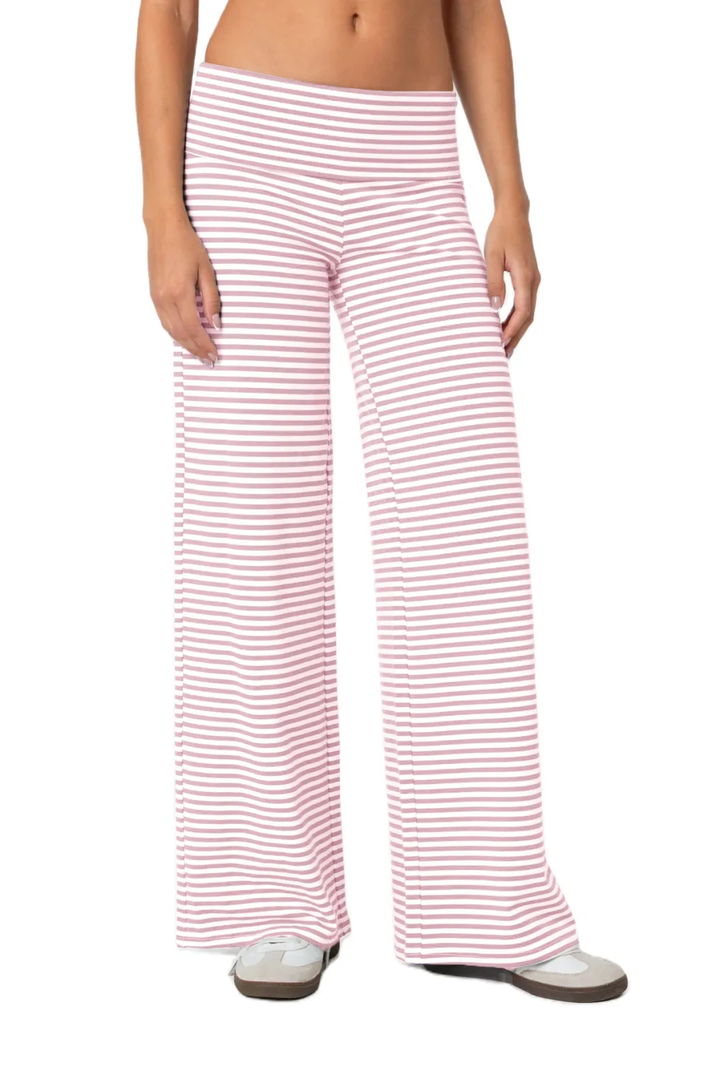 Cropped Striped Loose Trousers Autumn Sports Style Draped Casual Pants - Pink