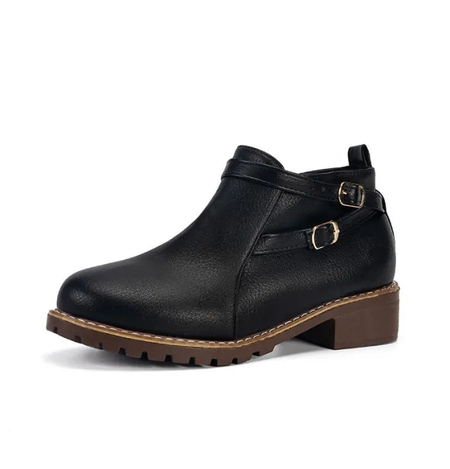 Low heeled Leather Belt buckle Plus size Round toe Ankle Boots Black - Shop at LoveMi