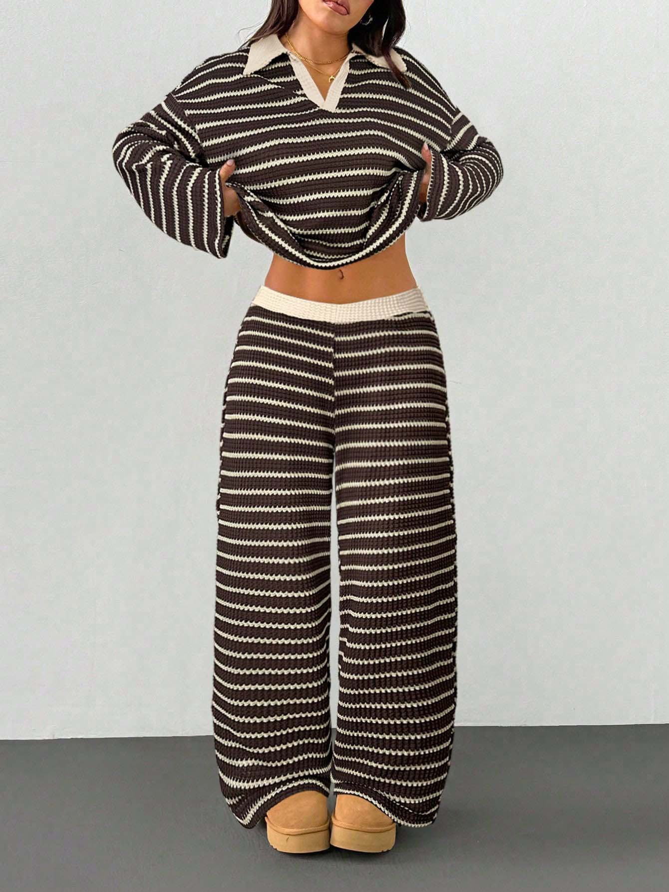 Striped Knitted Color-Block Long-Sleeve Top And Pants Casual Set — foto 7