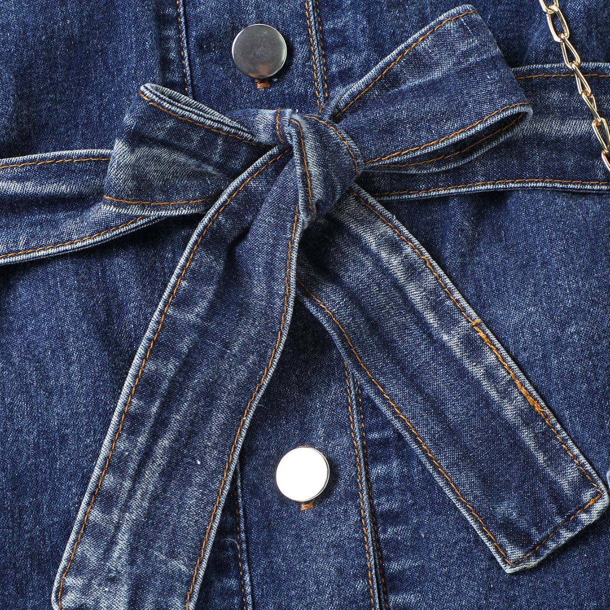 Girls' Pleated Denim Long-sleeved Single-breasted Cardigan Dress With Bow Belt Two-piece Set - Image 3