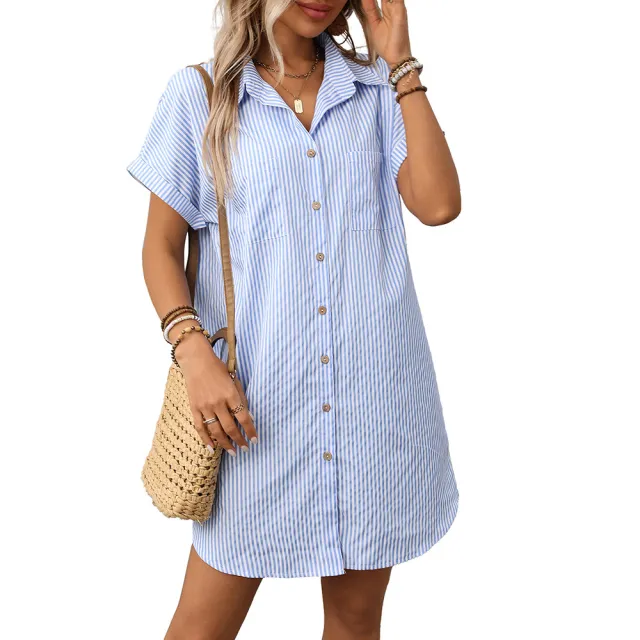 Women's Striped Cotton And Linen Dress Shirt Blue - Shop at LoveMi