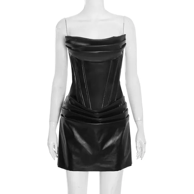 New Solid Color Sexy PU Pinch Pleated Fishbone Tube Top A Line Dress Black - Shop at LoveMi