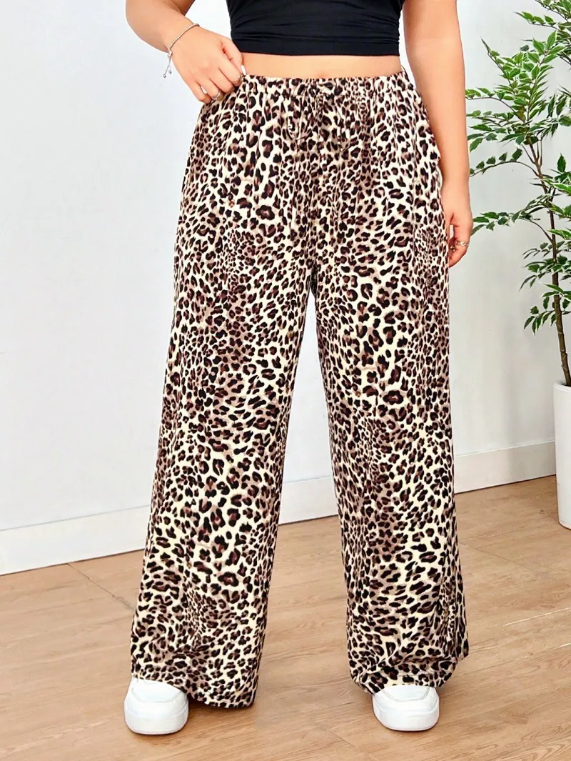 Women's Loose Casual Leopard Print Trousers - Khaki