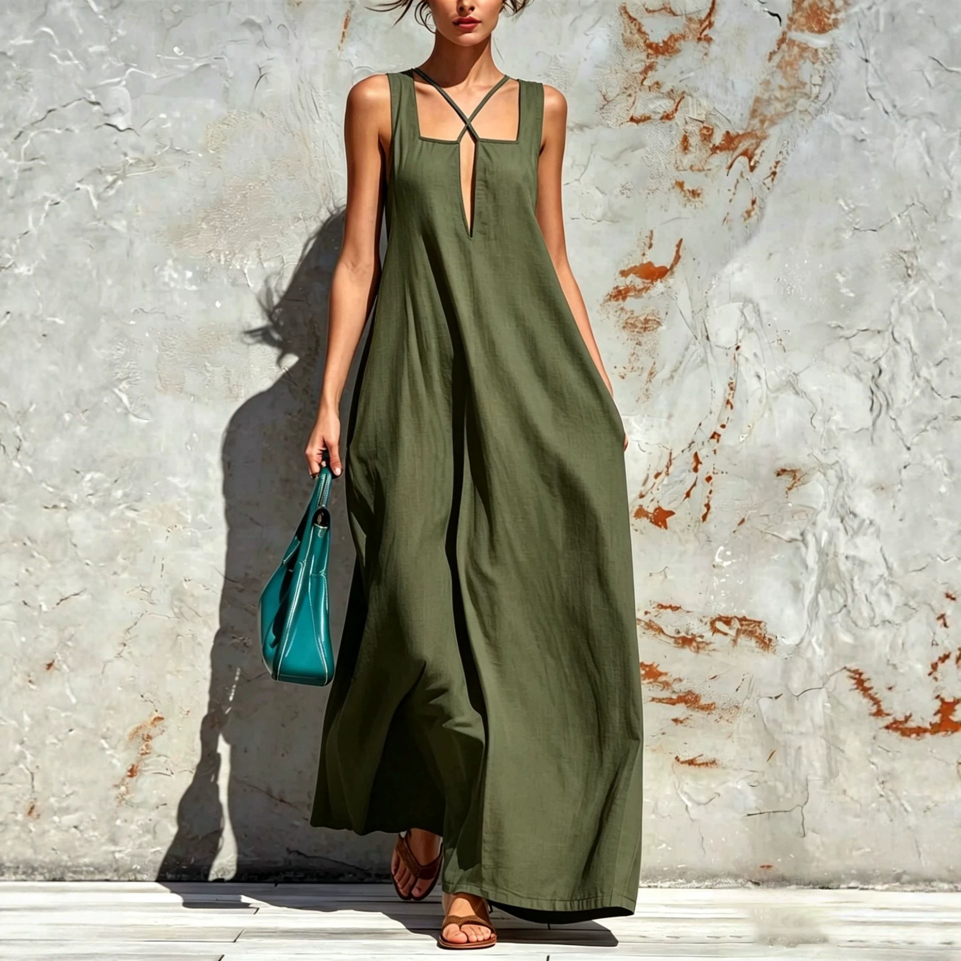 Womens Cotton-linen Loose-fit Casual Dress