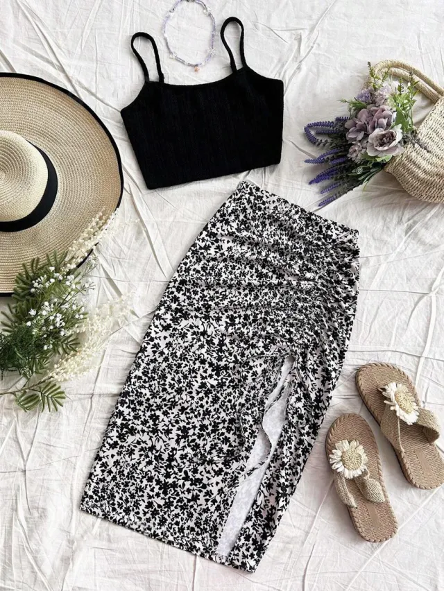 Solid color Spaghetti strap Top And Floral print Slit Hem Skirt Set White - Shop at LoveMi