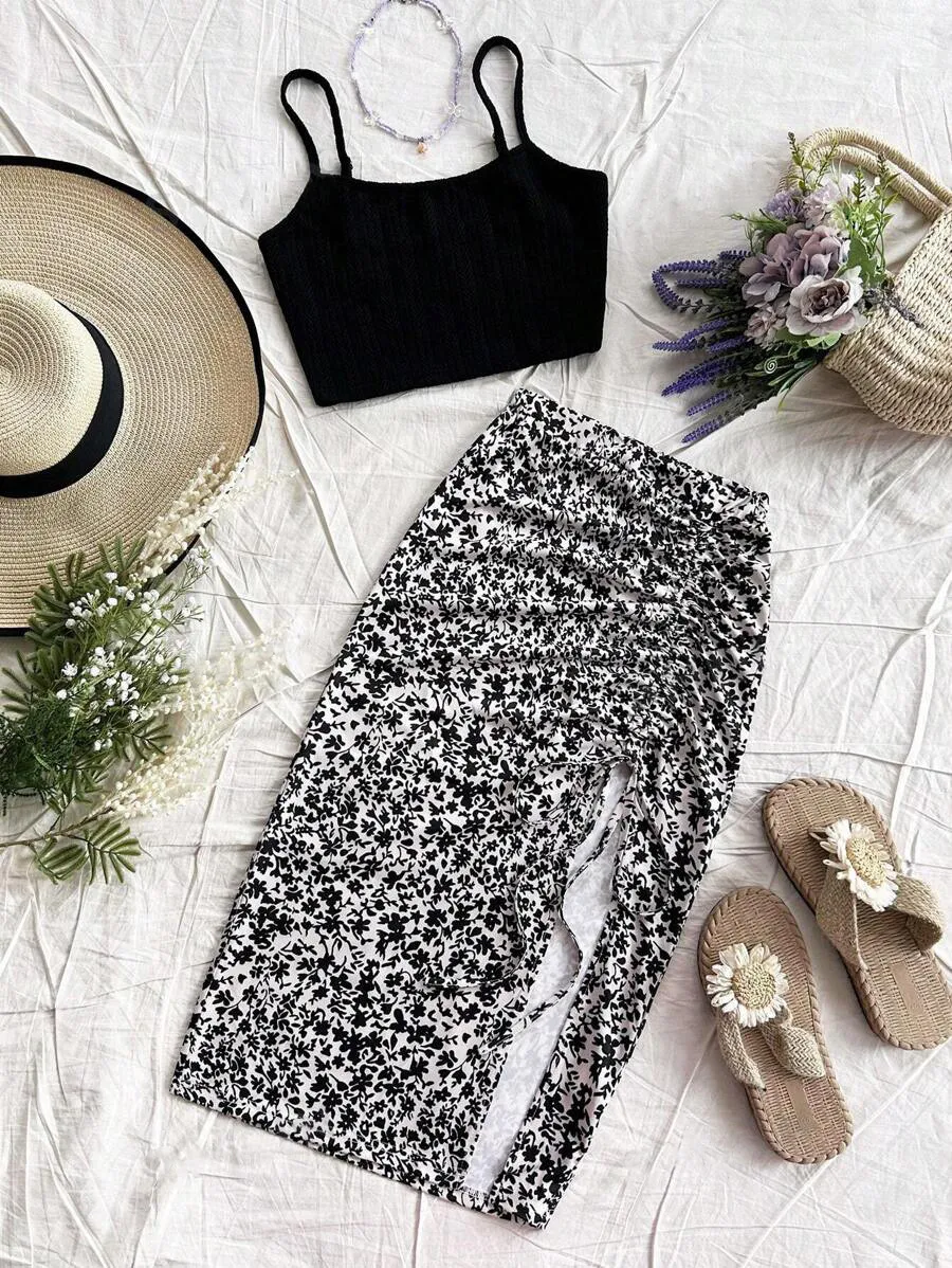 Solid-color Spaghetti-strap Top And Floral-print Slit Hem Skirt Set - White